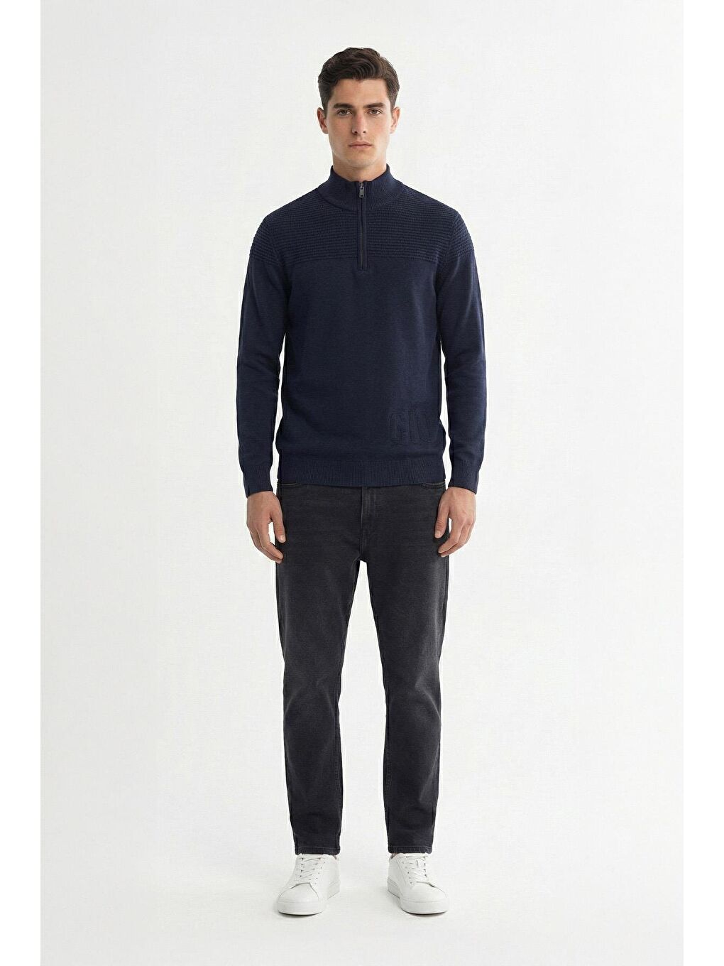 Giotelli Lacivert Regular Fit Yün Karışımlı Dik Yaka Fermuarlı Jakarlı Erkek Triko Kazak-2