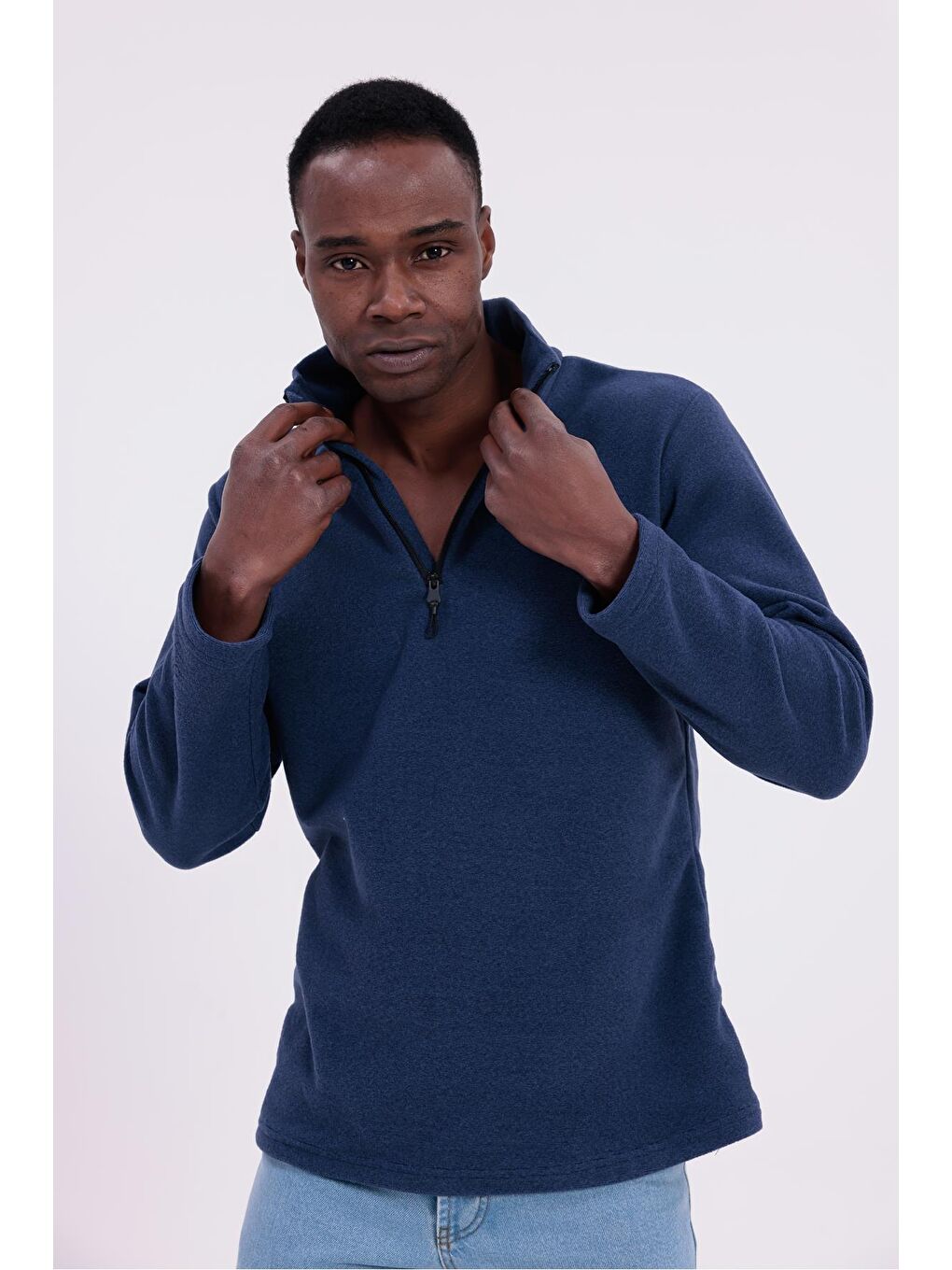 Lacivert Erkek Fit Dik Yaka Yarım Fermuarlı Sweatshirt Polar-2