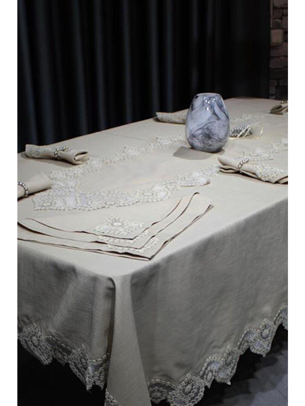 Kahverengi Kar Tanesi 26 Parça Masa Örtüsü Takımı Cappucino-4