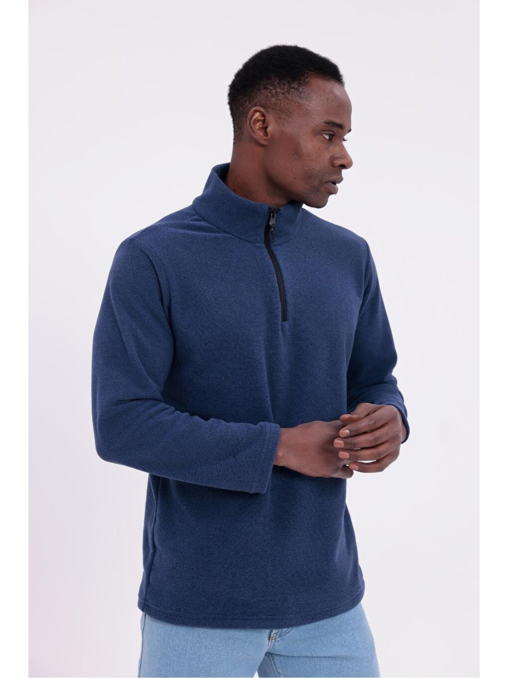 Lacivert Erkek Fit Dik Yaka Yarım Fermuarlı Sweatshirt Polar-3