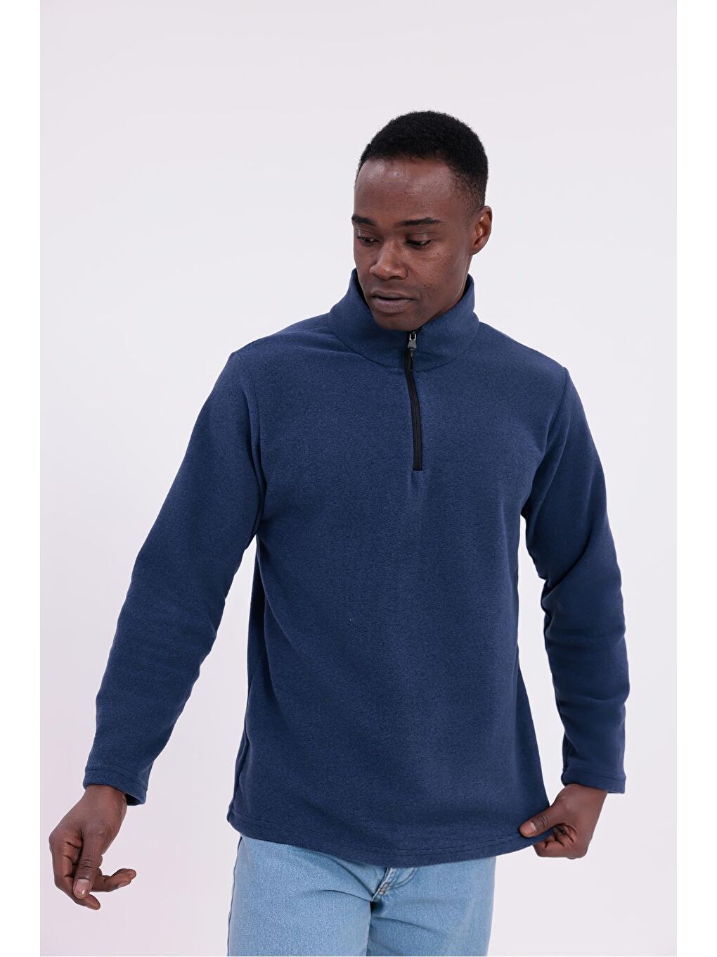 Lacivert Erkek Fit Dik Yaka Yarım Fermuarlı Sweatshirt Polar-4
