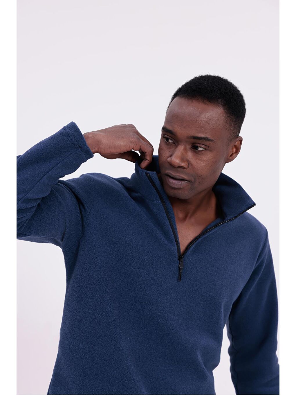 Lacivert Erkek Fit Dik Yaka Yarım Fermuarlı Sweatshirt Polar-5