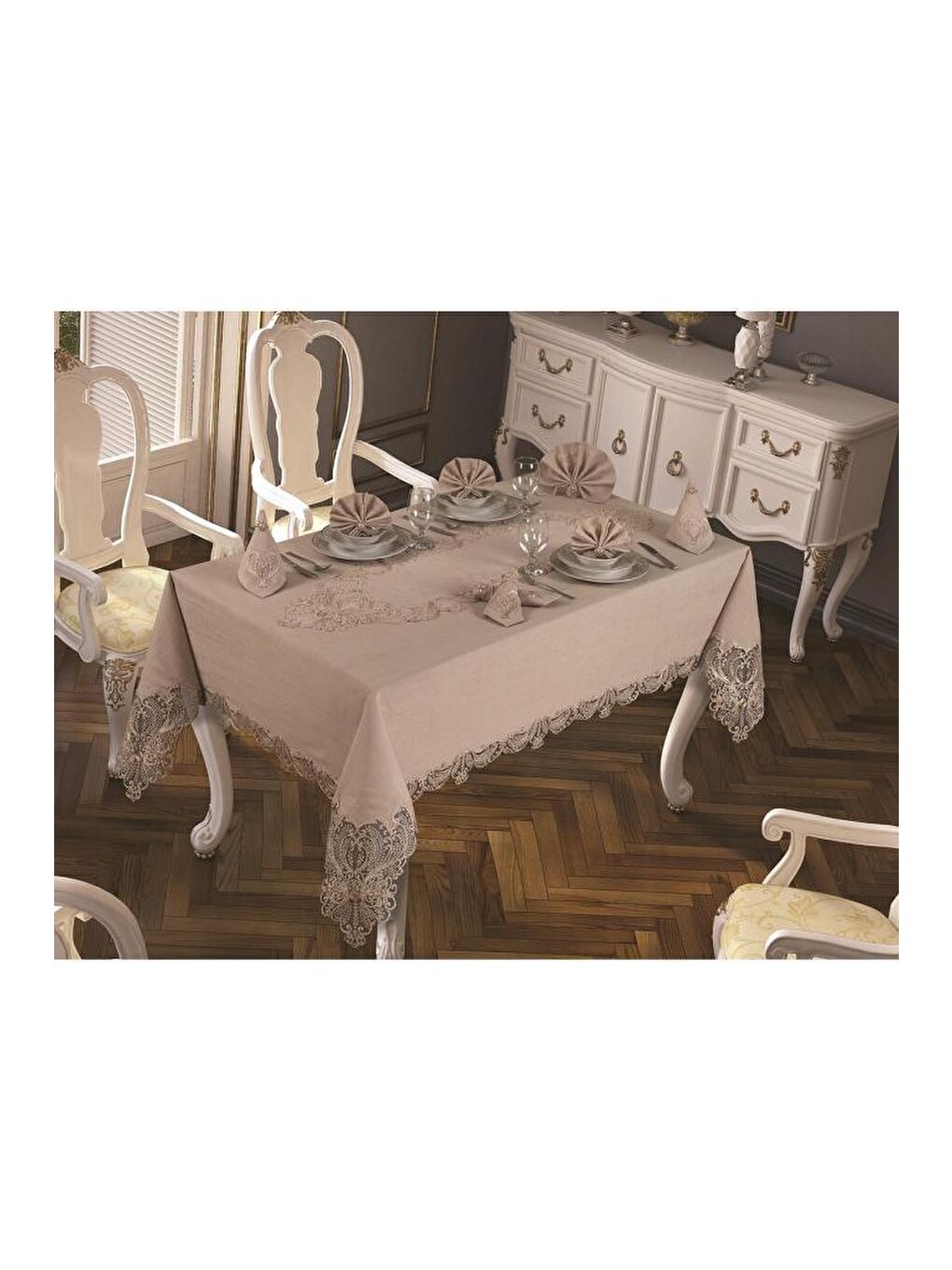 Kahverengi Fransız Güpürlü Yasemin Masa Örtüsü Takımı 18 Parça Cappucino-2