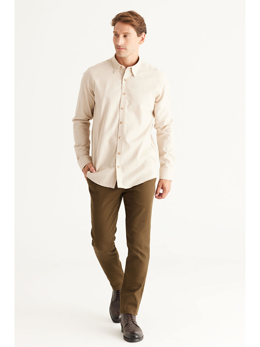 Erkek Bej Dar Kesim Gizli Düğme Yaka %100 Pamuk Gömlek-1