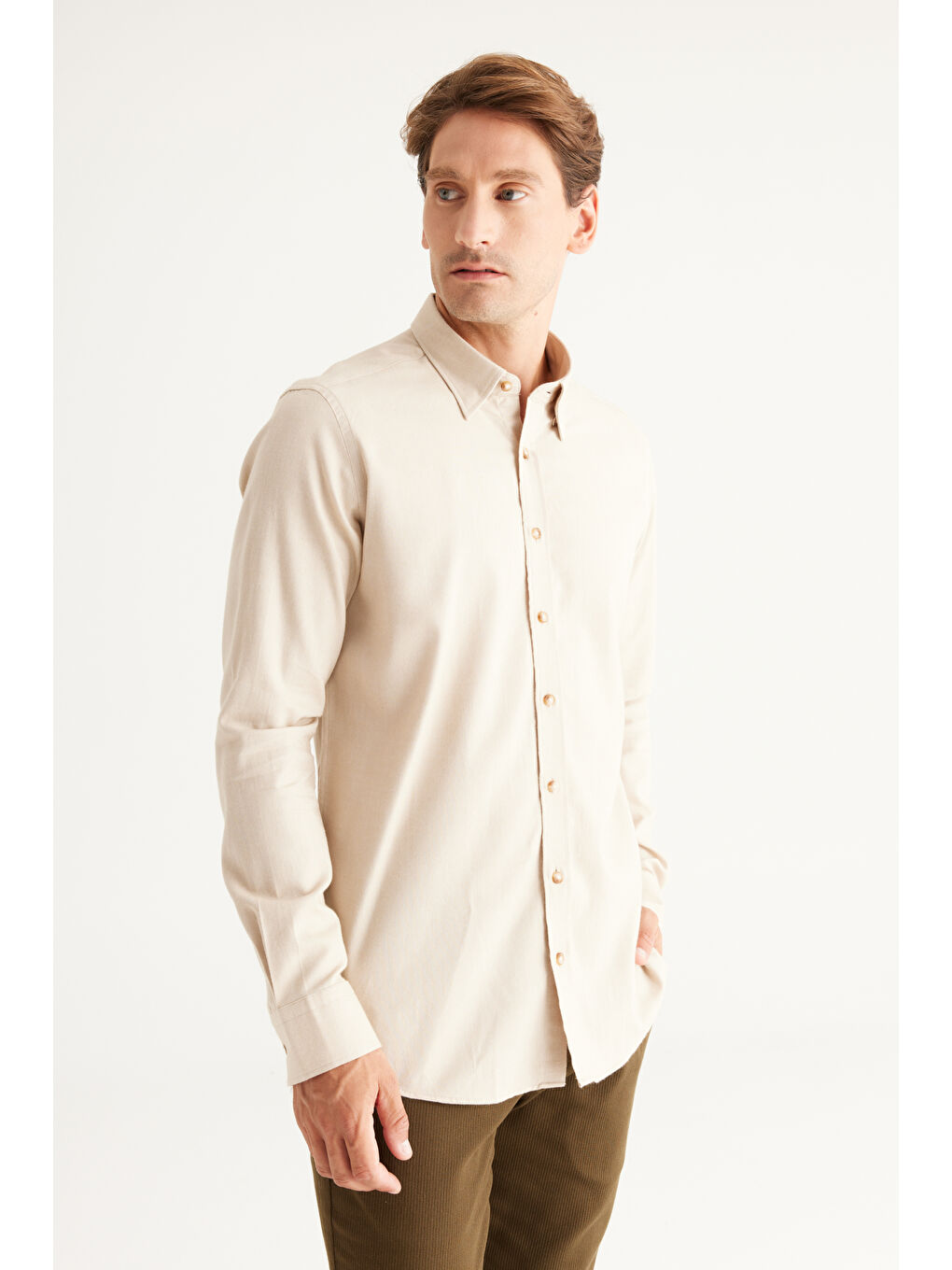 Erkek Bej Dar Kesim Gizli Düğme Yaka %100 Pamuk Gömlek-2