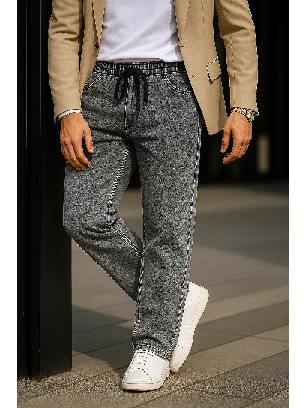 Erkek Günlük Premium Gri Baggy Pantolon-4