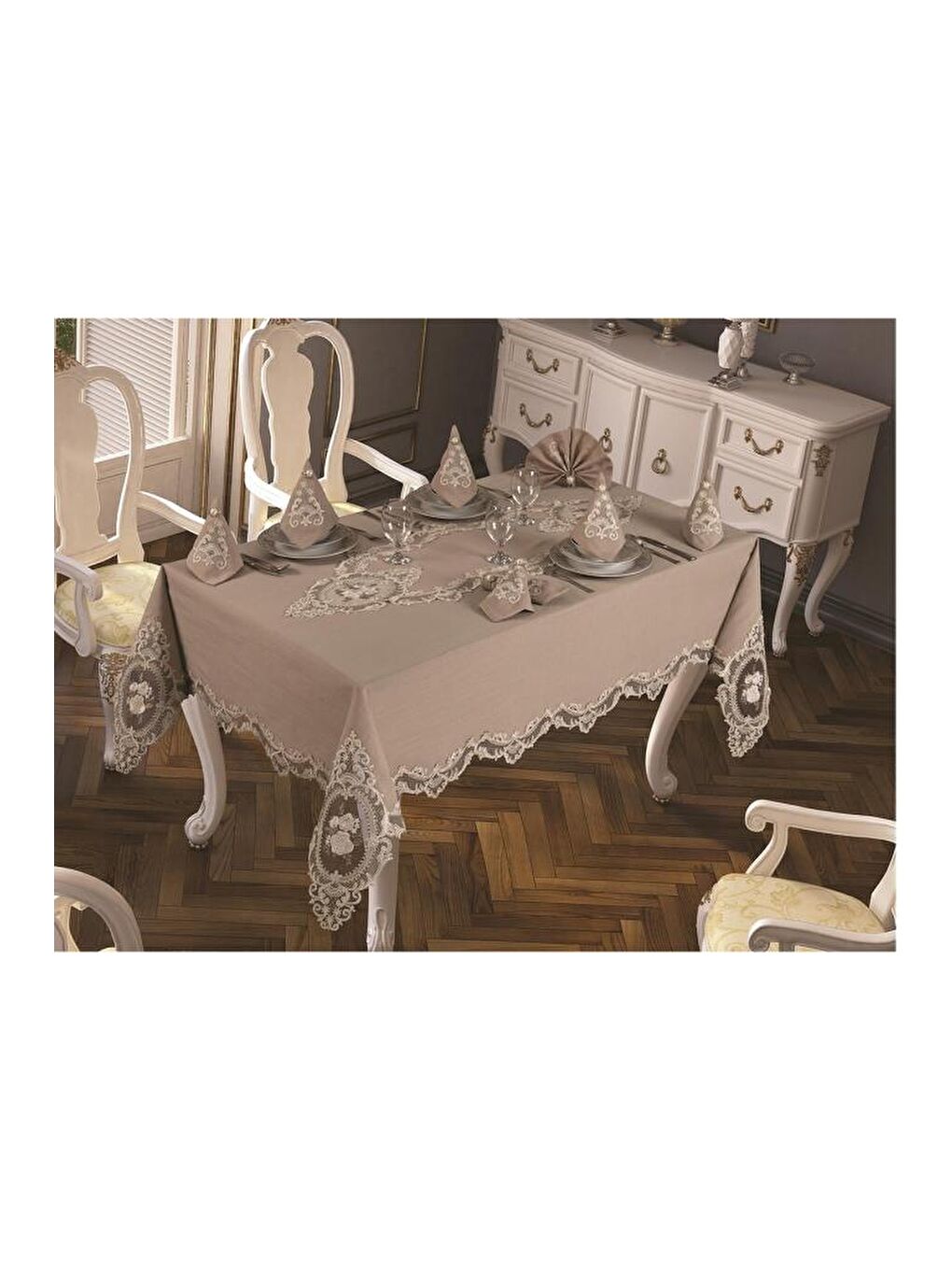 Kahverengi Fransız Güpürlü Elit Masa Örtüsü Takımı 18 Parça Cappucino-2