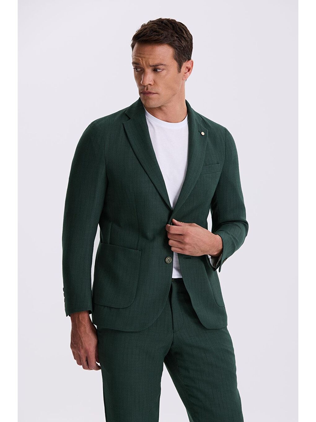 Haki Slim Fit Mono Yaka Çift Yırtmaç Desenli Torba Cepli Takım Elbise-1