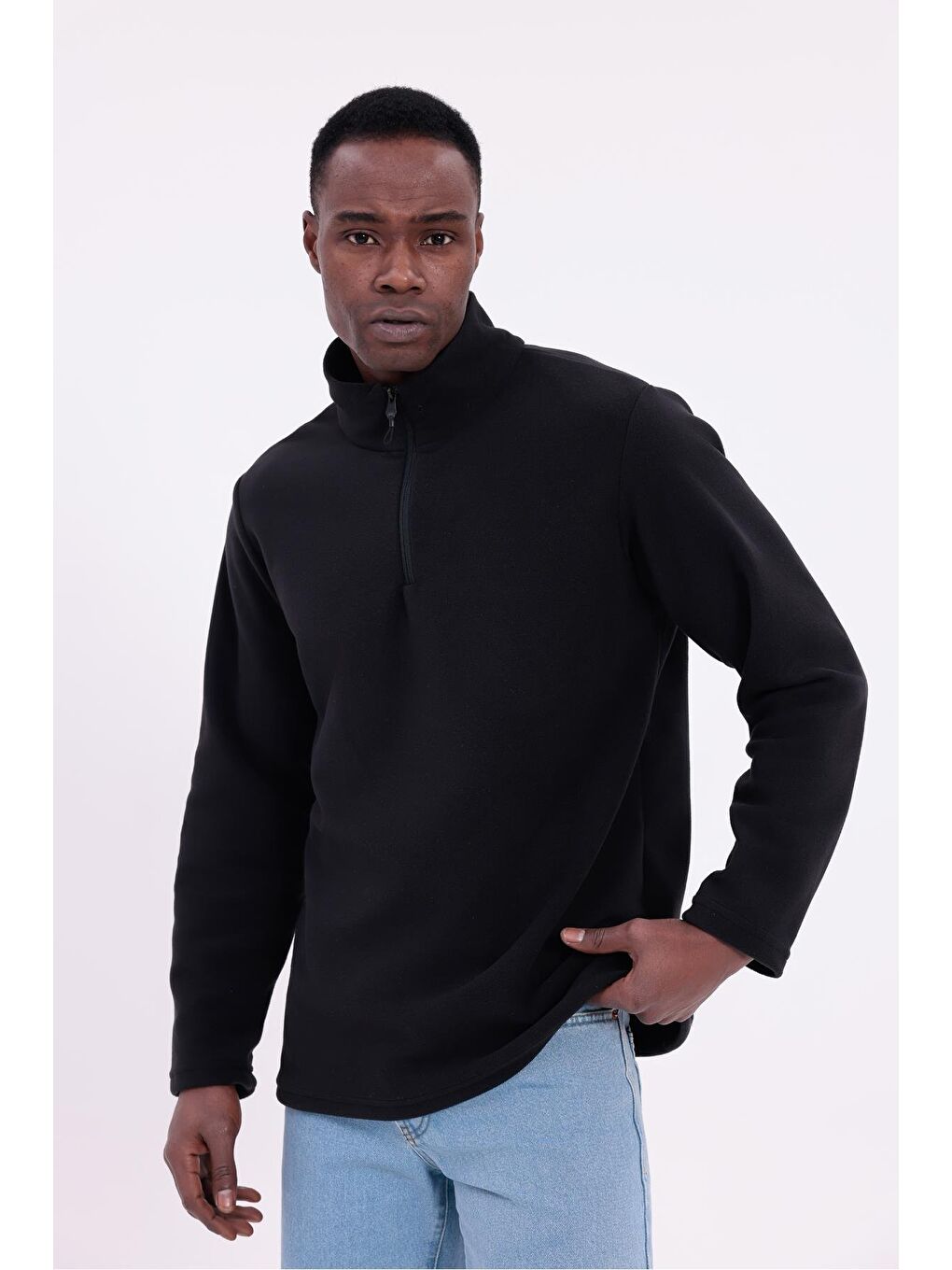 Siyah Erkek Fit Dik Yaka Yarım Fermuarlı Sweatshirt Polar