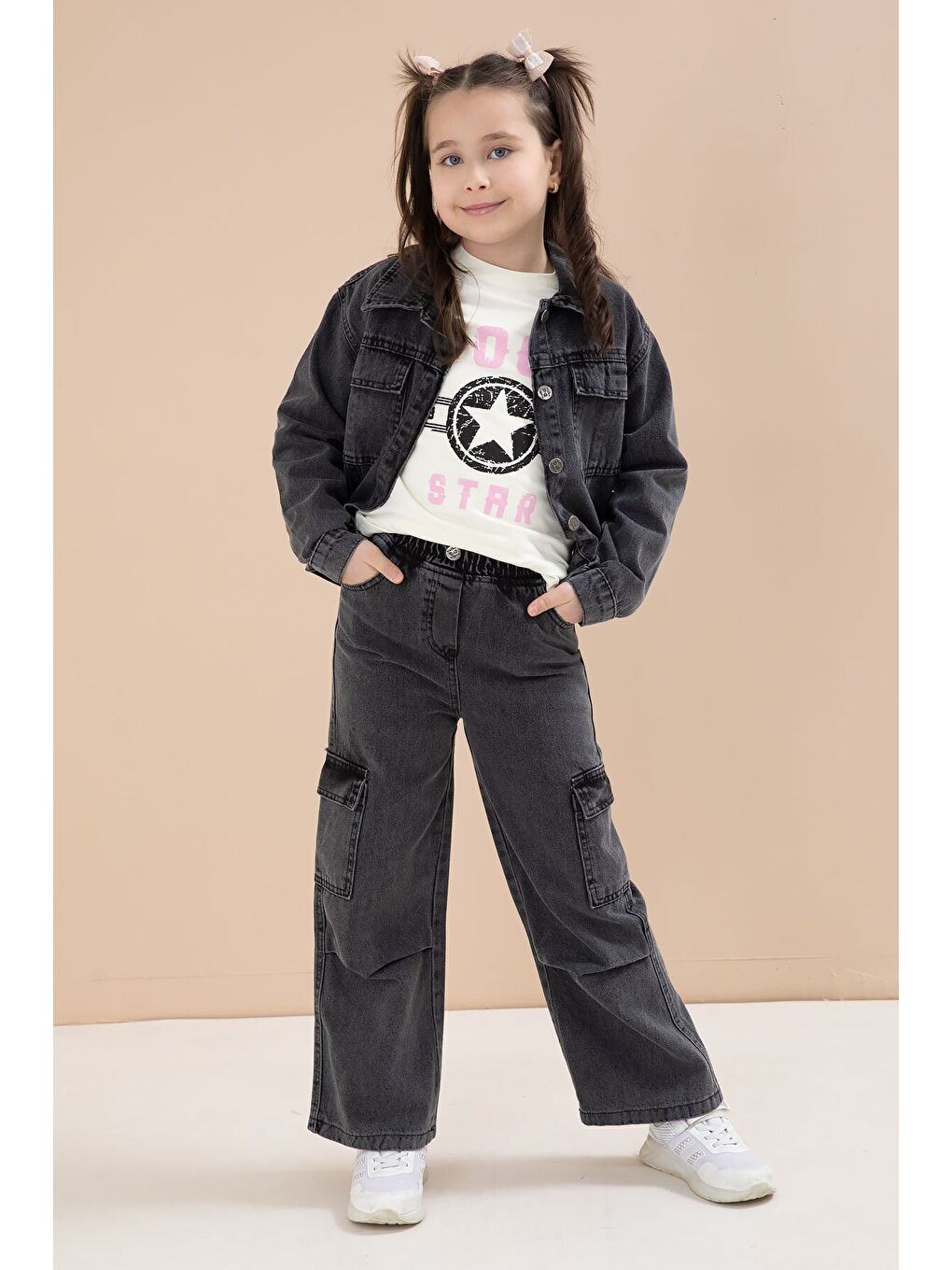 Siyah Jean Ceketli Kargo Cepli Pantolonlu Kız Çocuk Badili 3lü Alt Üst Takım 23613-1
