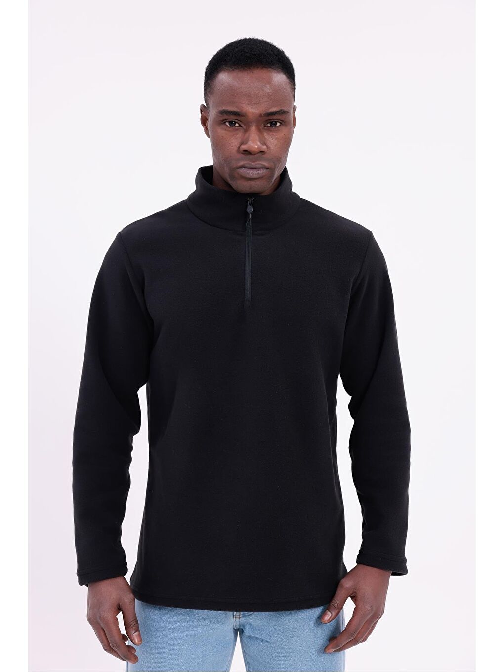 Siyah Erkek Fit Dik Yaka Yarım Fermuarlı Sweatshirt Polar-1