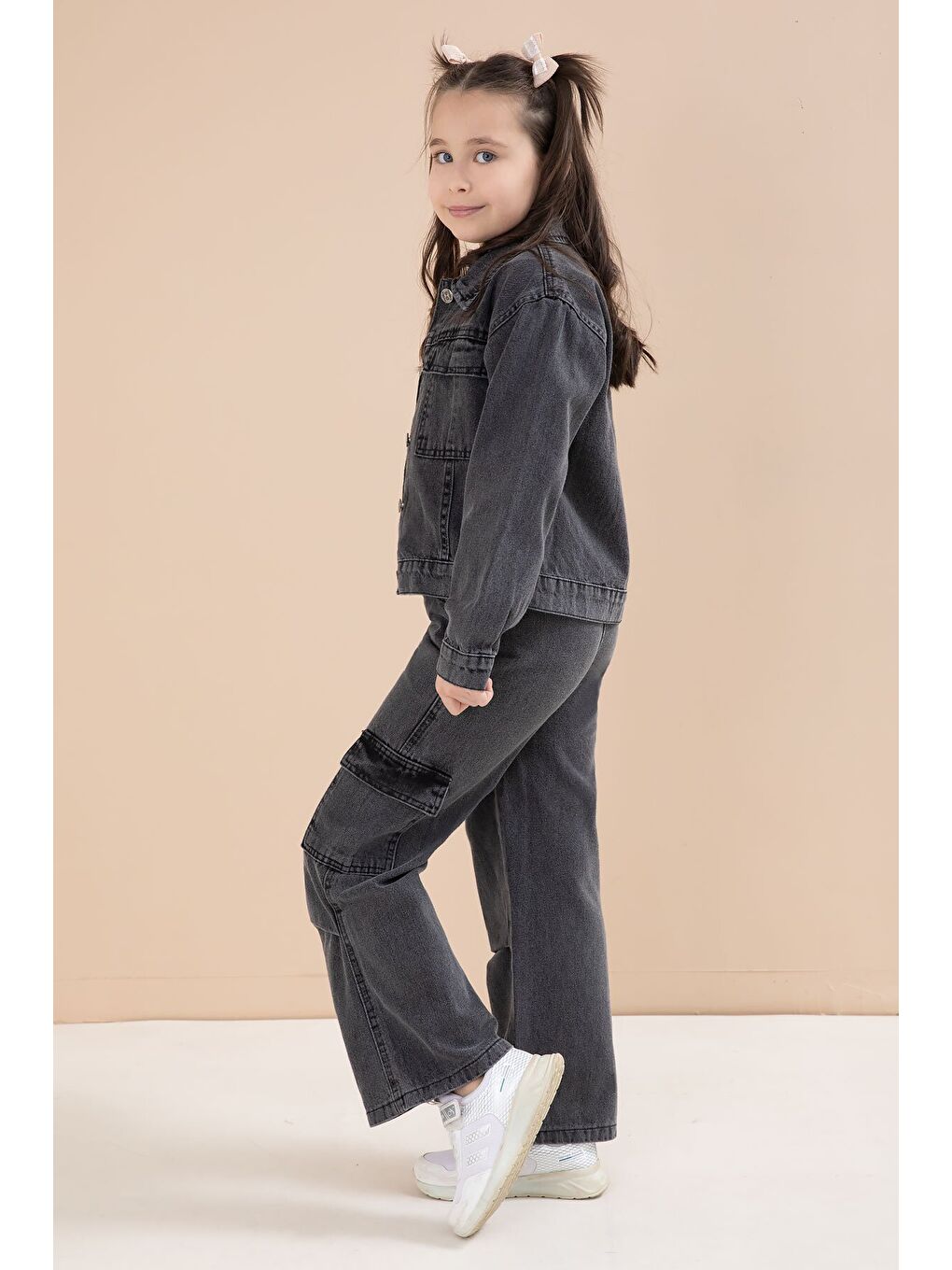 Siyah Jean Ceketli Kargo Cepli Pantolonlu Kız Çocuk Badili 3lü Alt Üst Takım 23613-2