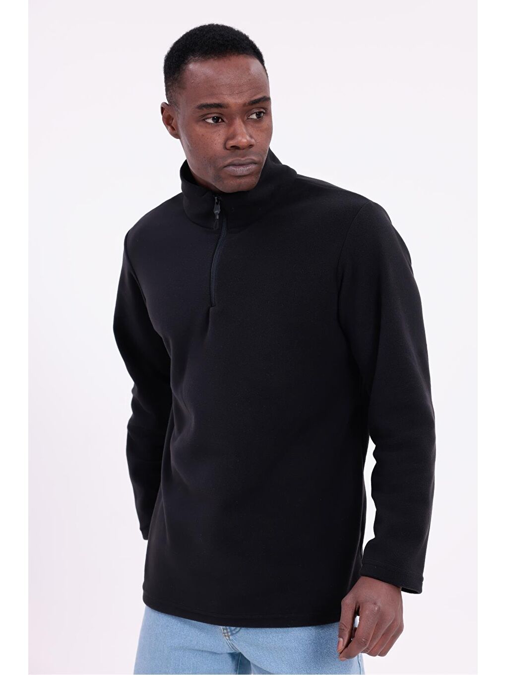 Siyah Erkek Fit Dik Yaka Yarım Fermuarlı Sweatshirt Polar-2