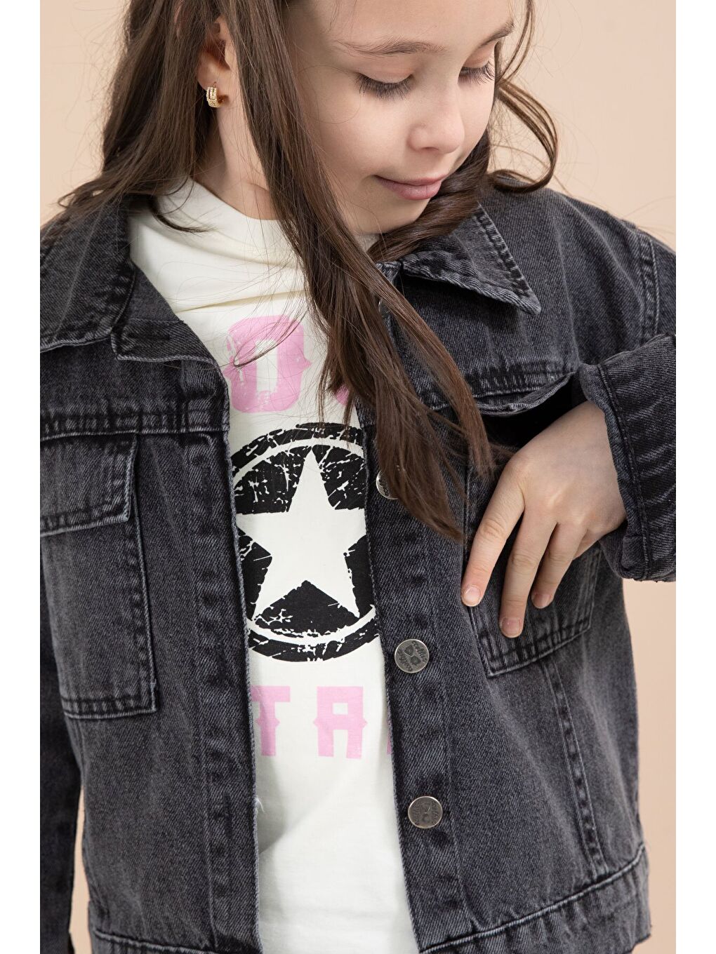 Siyah Jean Ceketli Kargo Cepli Pantolonlu Kız Çocuk Badili 3lü Alt Üst Takım 23613-3