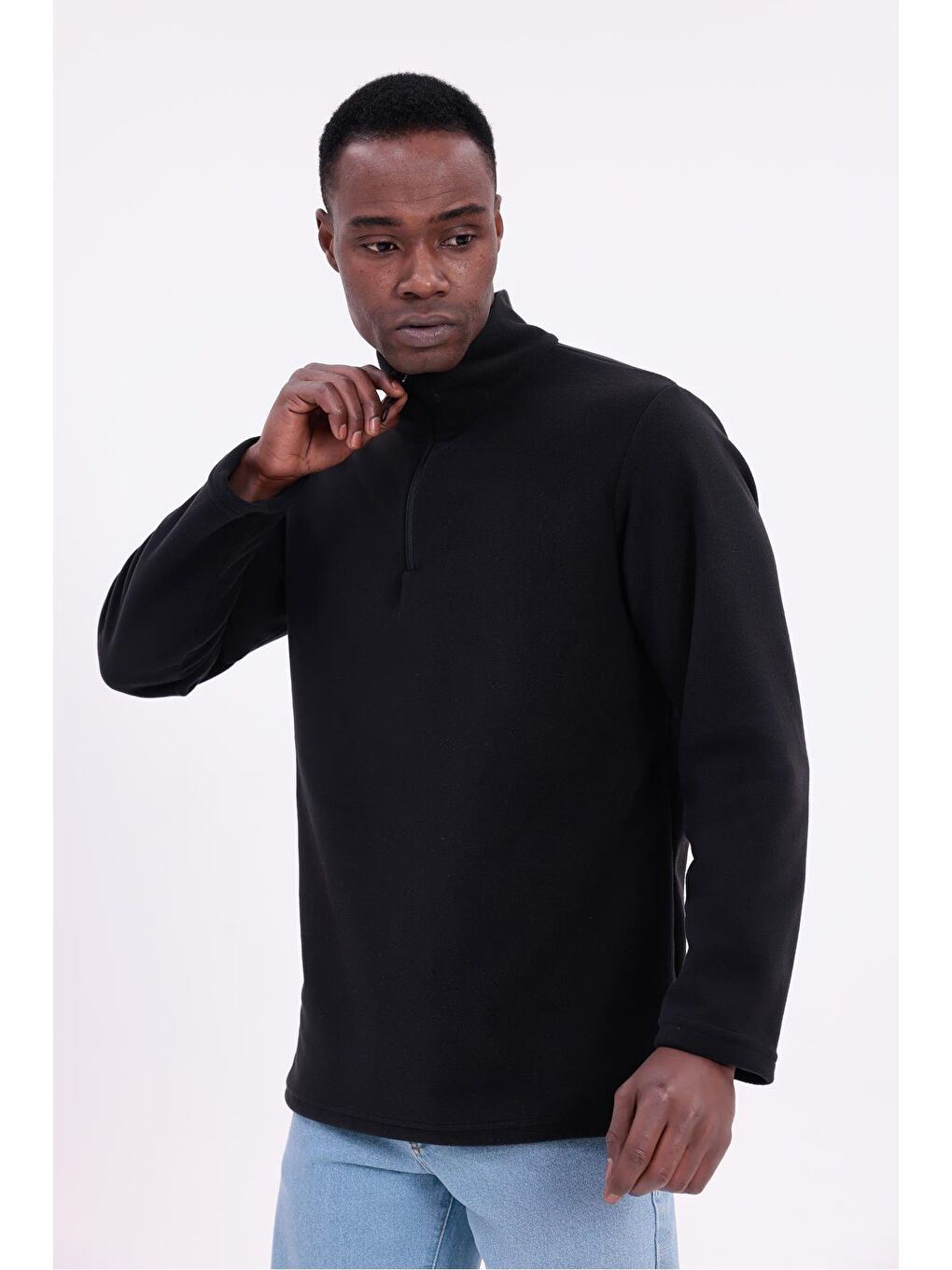 Siyah Erkek Fit Dik Yaka Yarım Fermuarlı Sweatshirt Polar-3