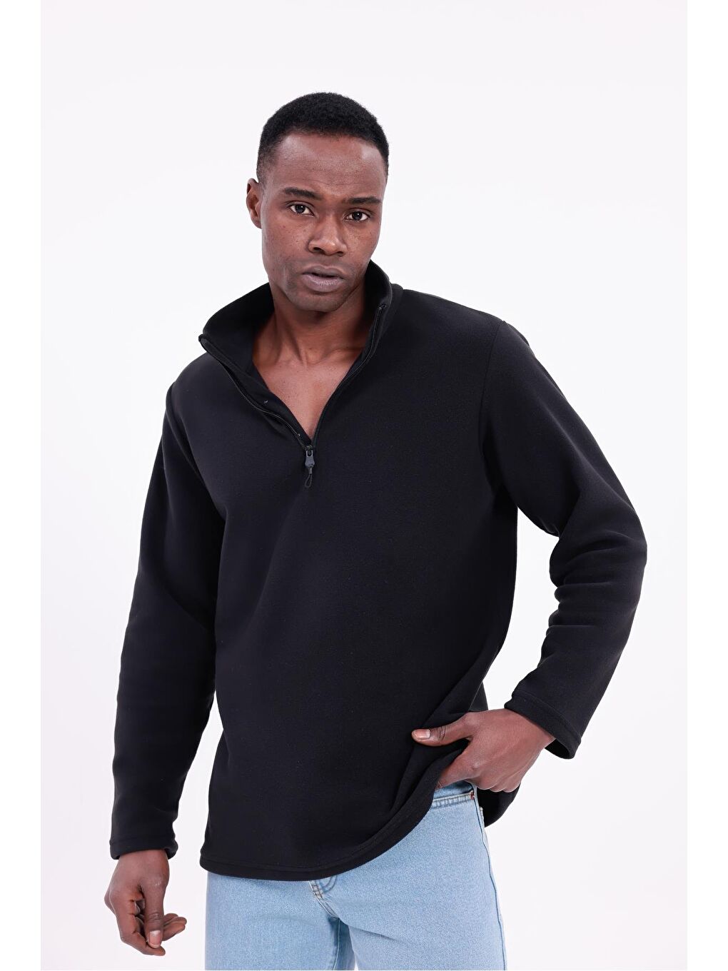 Siyah Erkek Fit Dik Yaka Yarım Fermuarlı Sweatshirt Polar-4