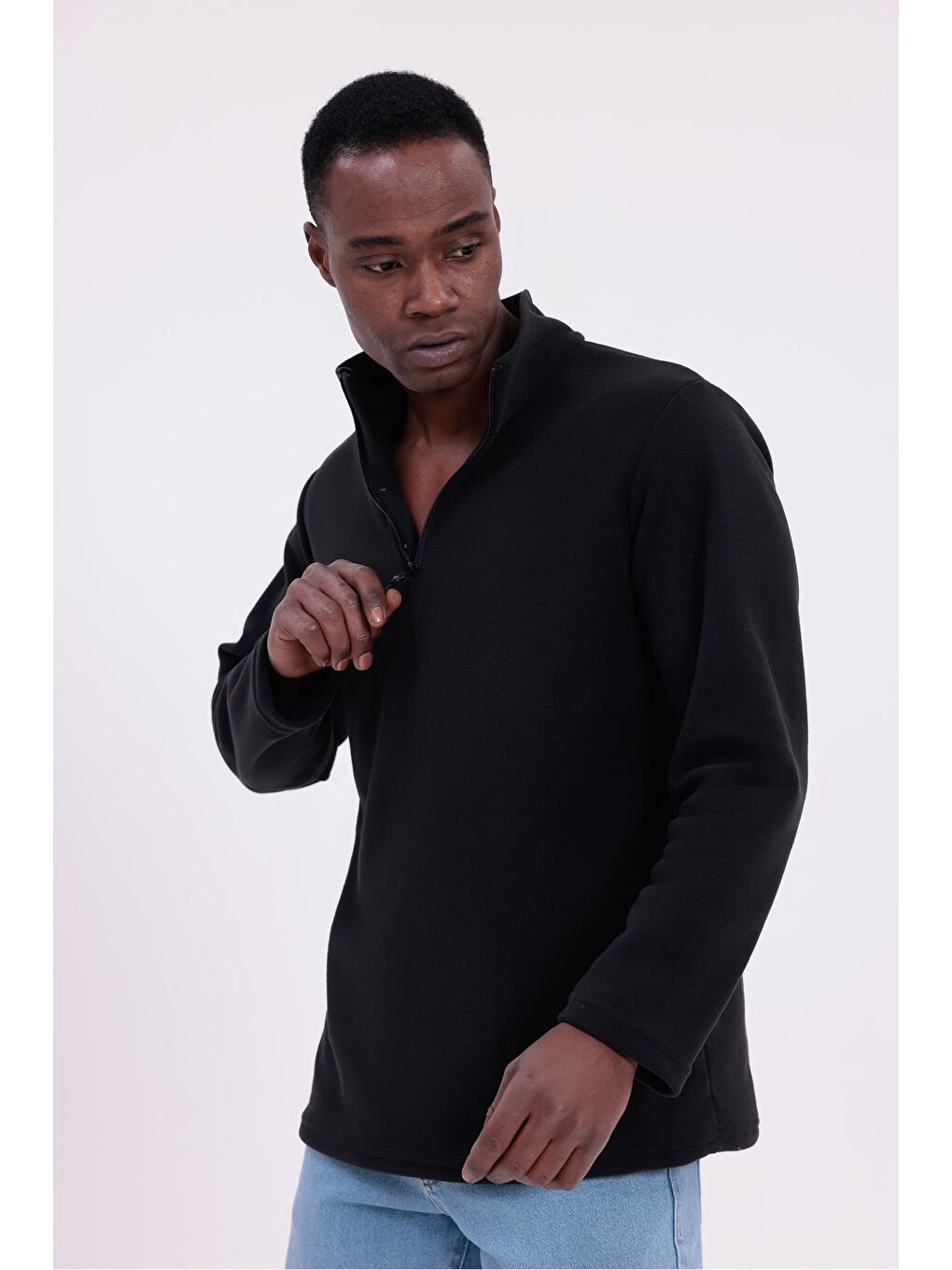 Siyah Erkek Fit Dik Yaka Yarım Fermuarlı Sweatshirt Polar-5