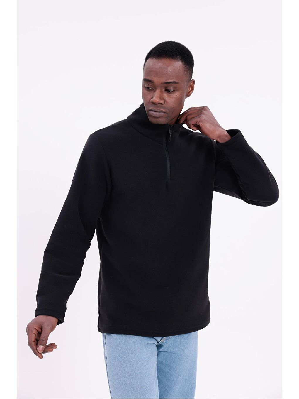 Siyah Erkek Fit Dik Yaka Yarım Fermuarlı Sweatshirt Polar-6