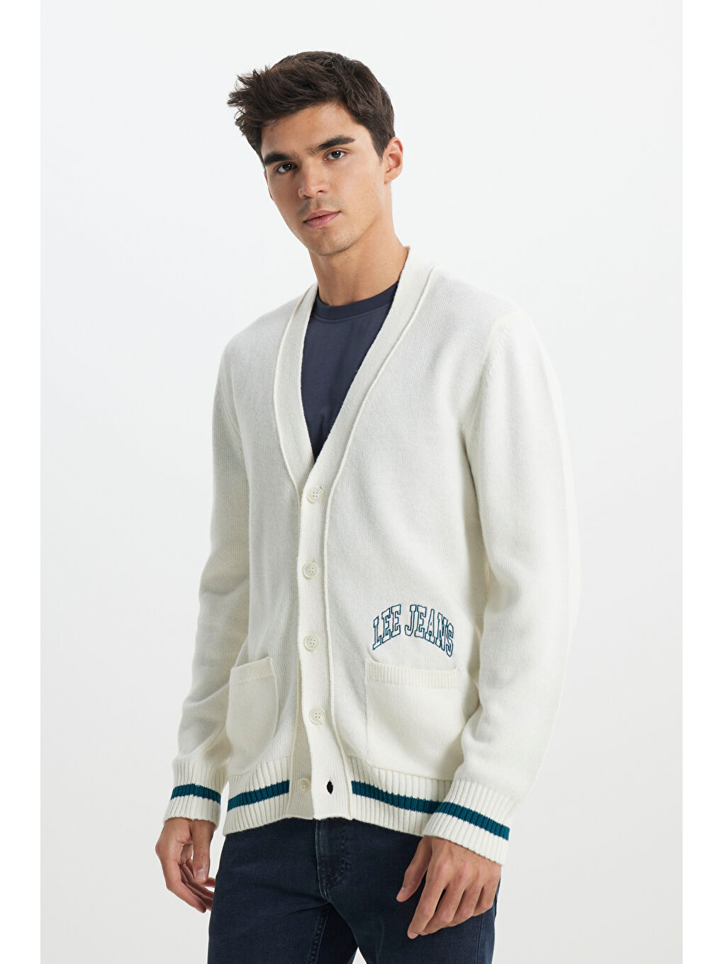 Regular Fit Normal Kesim Tam Düğmeli Ekru Triko Hırka-2