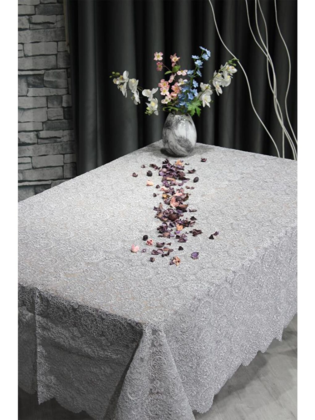 Papatya Kordone Tek Masa Örtüsü Gri-6