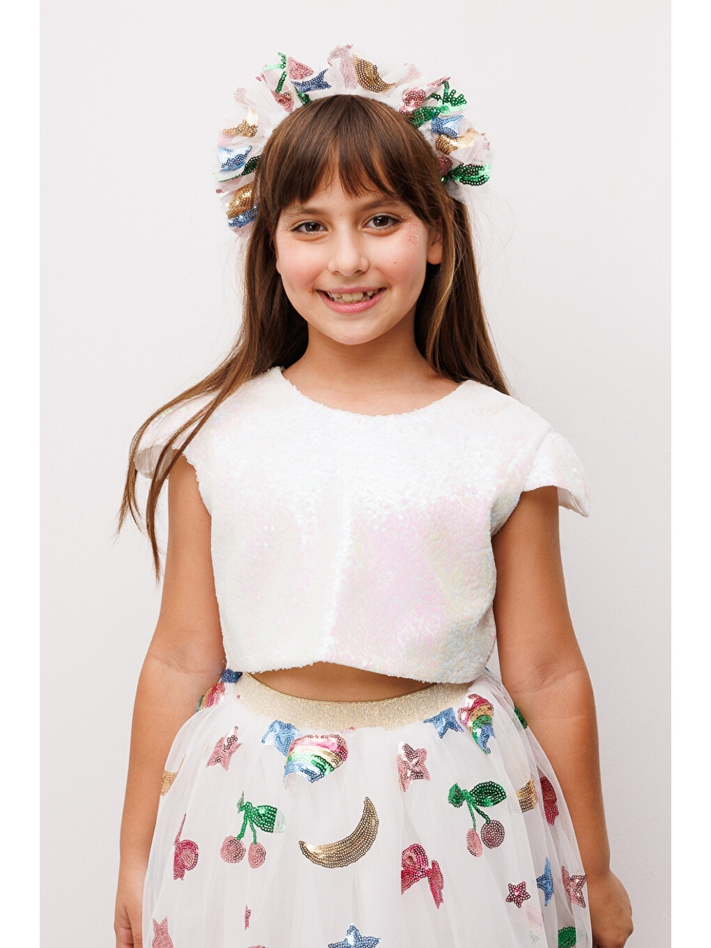 Beyaz Pullu Kız Çocuk Crop Bluz