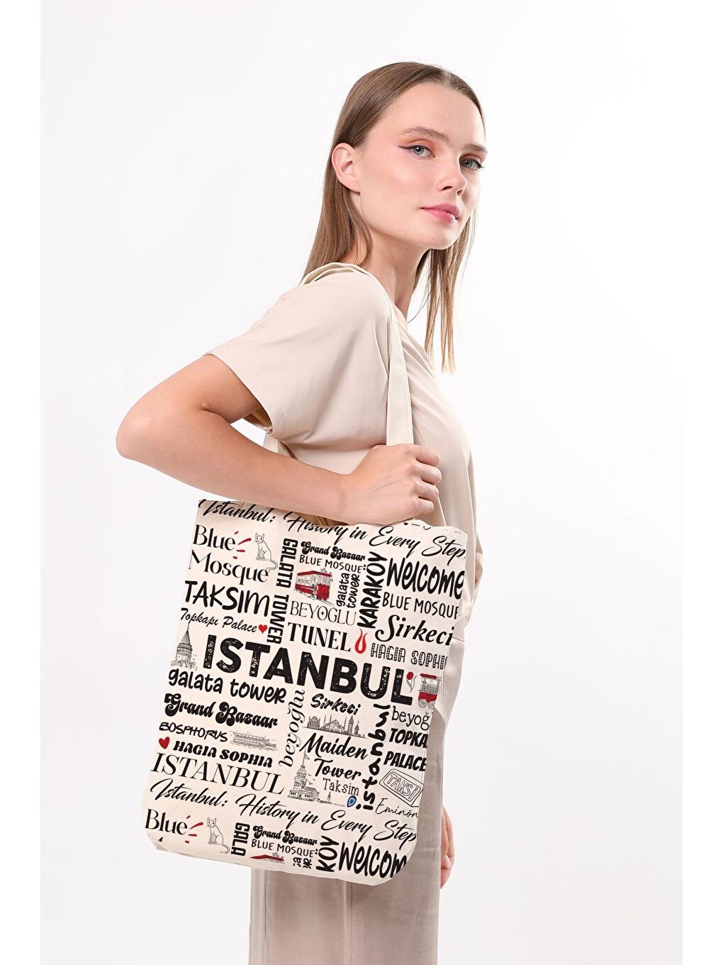 Ekru Kanvas Write İstanbul Baskılı Bez Çanta-1