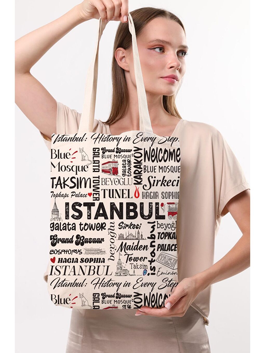 Ekru Kanvas Write İstanbul Baskılı Bez Çanta-6
