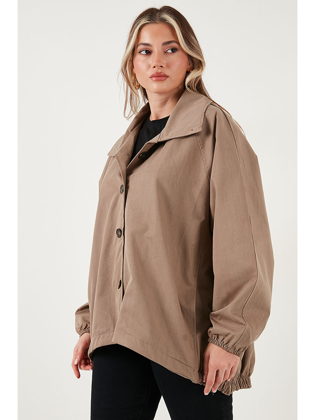 Bej Pamuk Karışımlı Oversize Ceket Yaka Düğmeli Kısa Trençkot 6839627-4