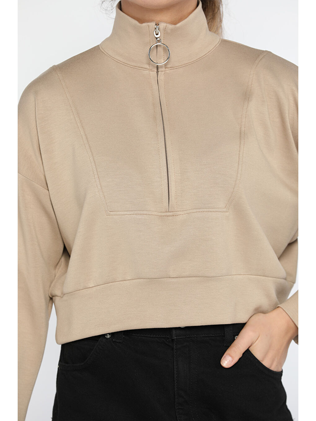 GÜLSELİ Bej Oysho Kumaş Fermuar Detaylı Kadın Crop Top Sweatshirt - 3