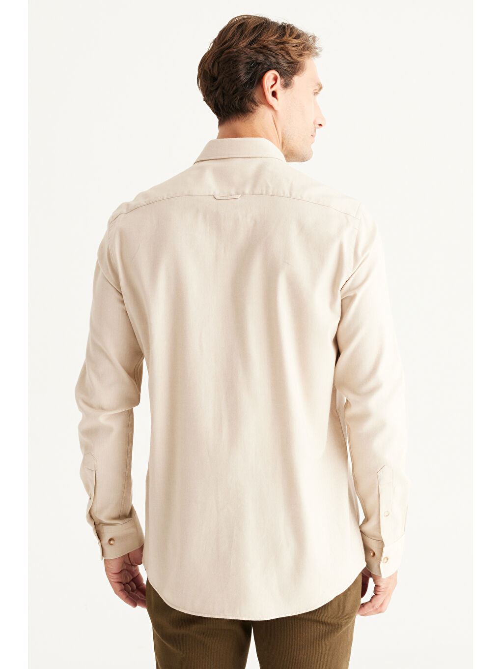 Erkek Bej Dar Kesim Gizli Düğme Yaka %100 Pamuk Gömlek-5
