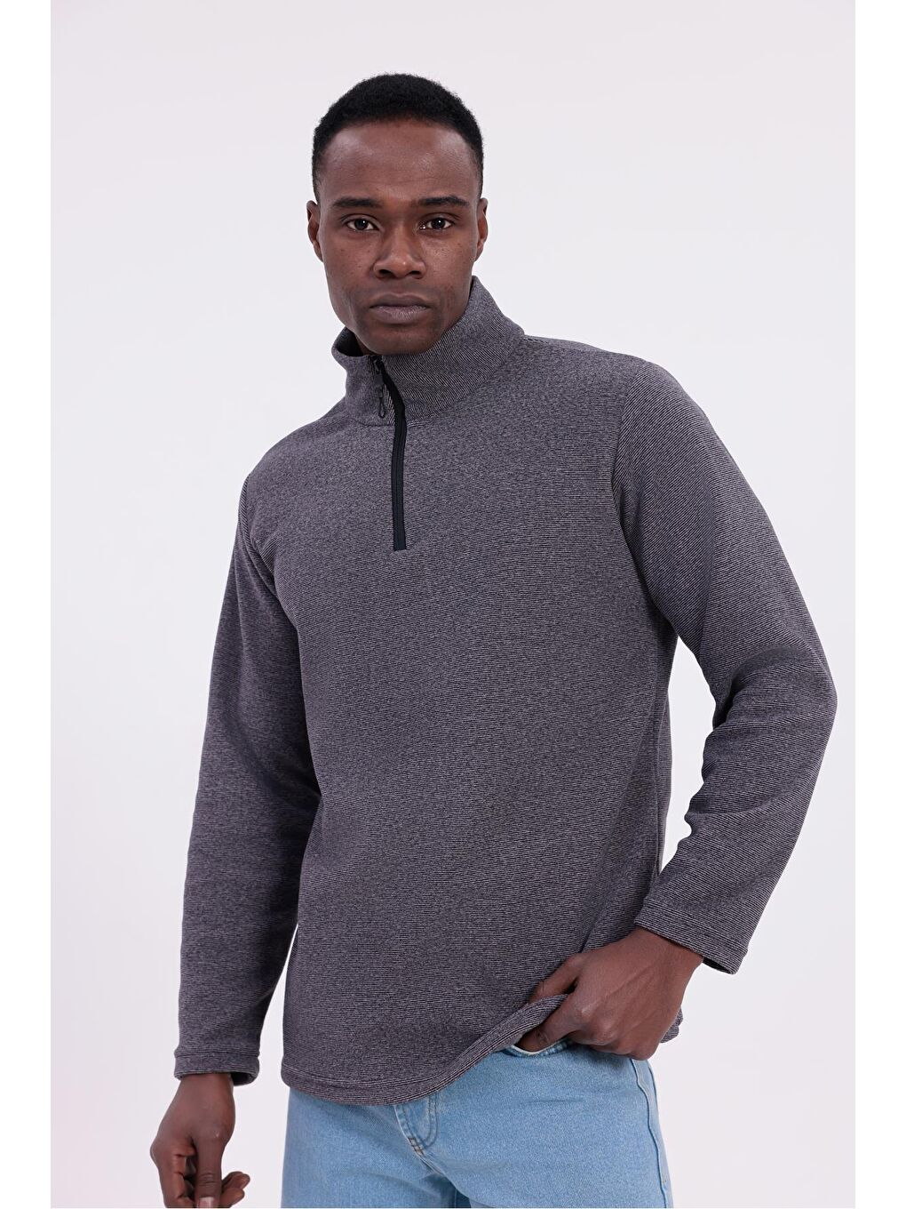 Mor Erkek Fit Dik Yaka Yarım Fermuarlı Sweatshirt Polar