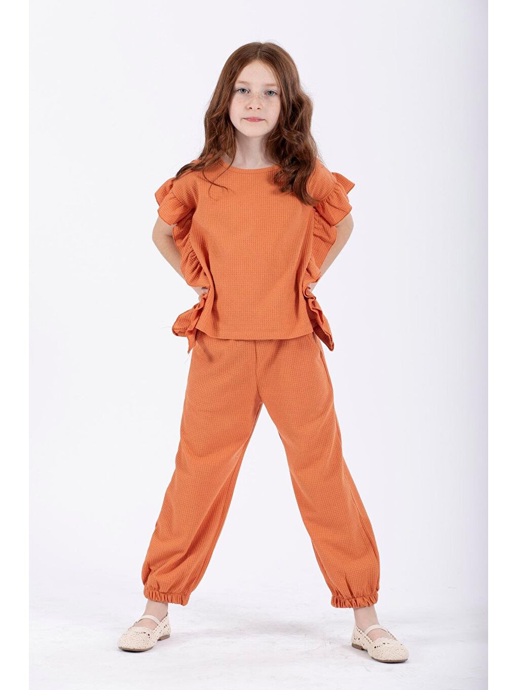 Kahverengi Yanları Fırfırlı Bej Melanj Renk Kız Çocuk Eşofman Takımı-1