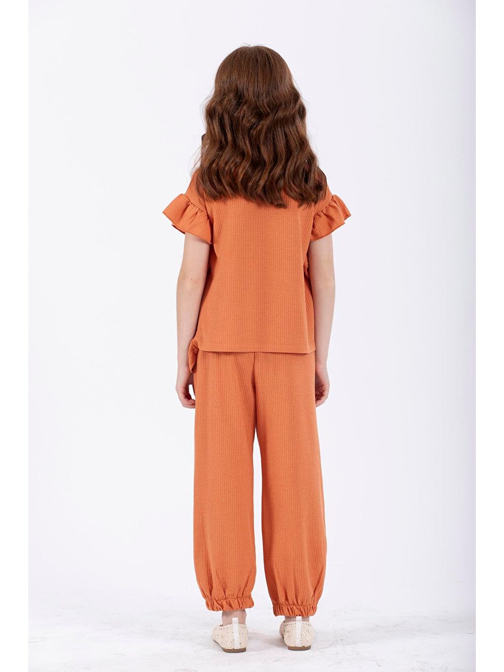 Kahverengi Yanları Fırfırlı Bej Melanj Renk Kız Çocuk Eşofman Takımı-2