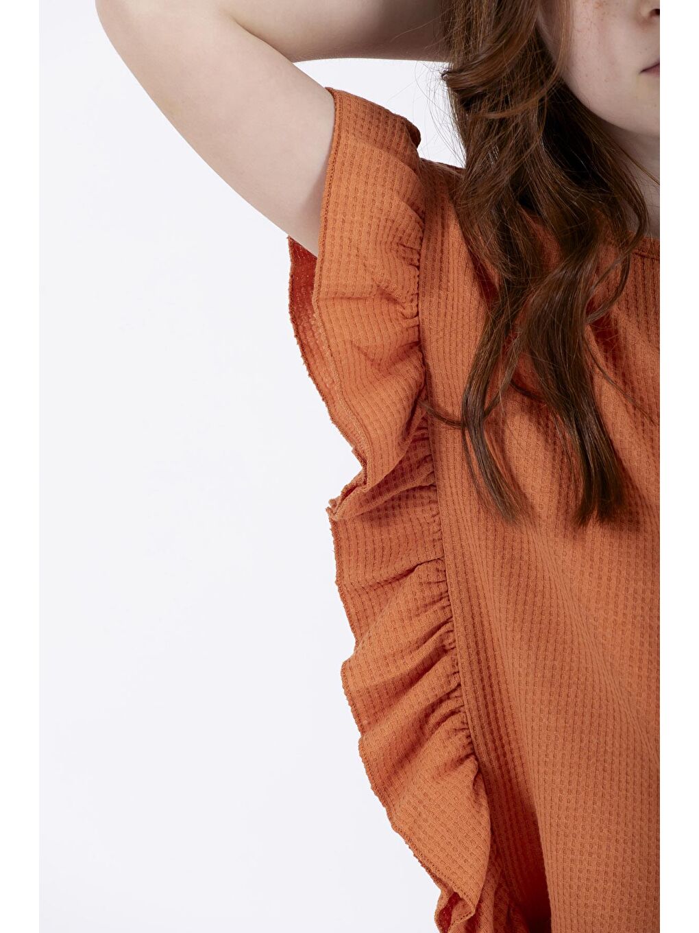 Kahverengi Yanları Fırfırlı Bej Melanj Renk Kız Çocuk Eşofman Takımı-3