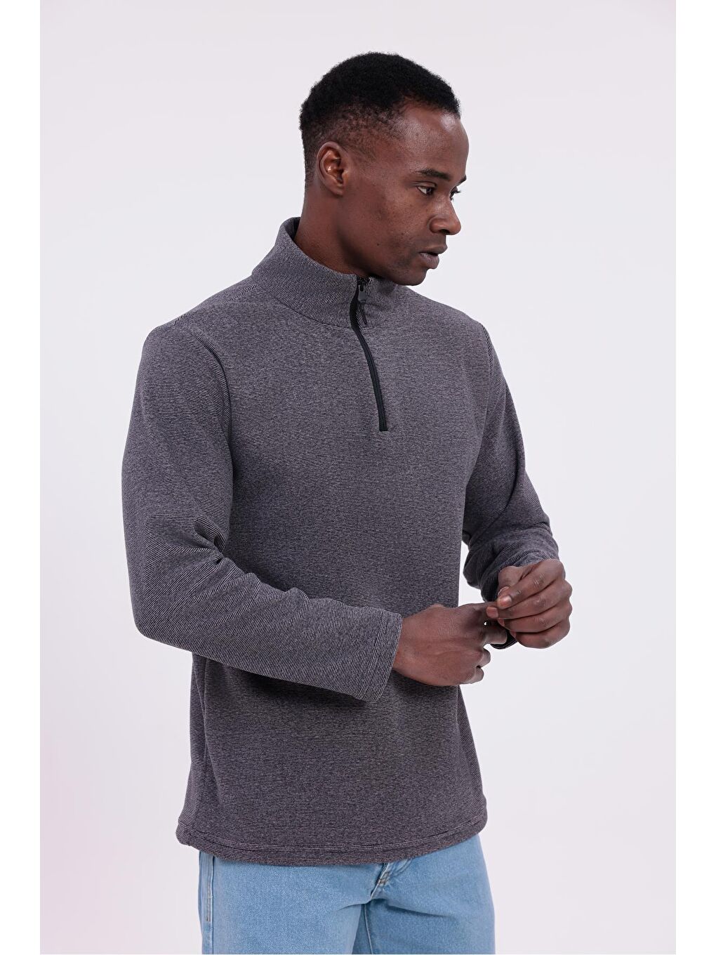 Mor Erkek Fit Dik Yaka Yarım Fermuarlı Sweatshirt Polar-3