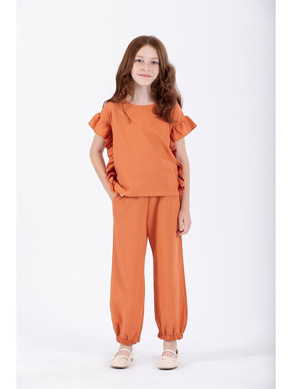 Kahverengi Yanları Fırfırlı Bej Melanj Renk Kız Çocuk Eşofman Takımı-4