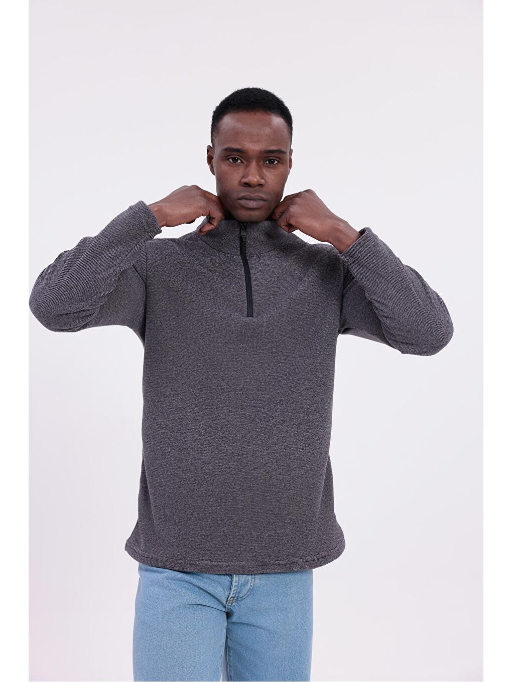 Mor Erkek Fit Dik Yaka Yarım Fermuarlı Sweatshirt Polar-4