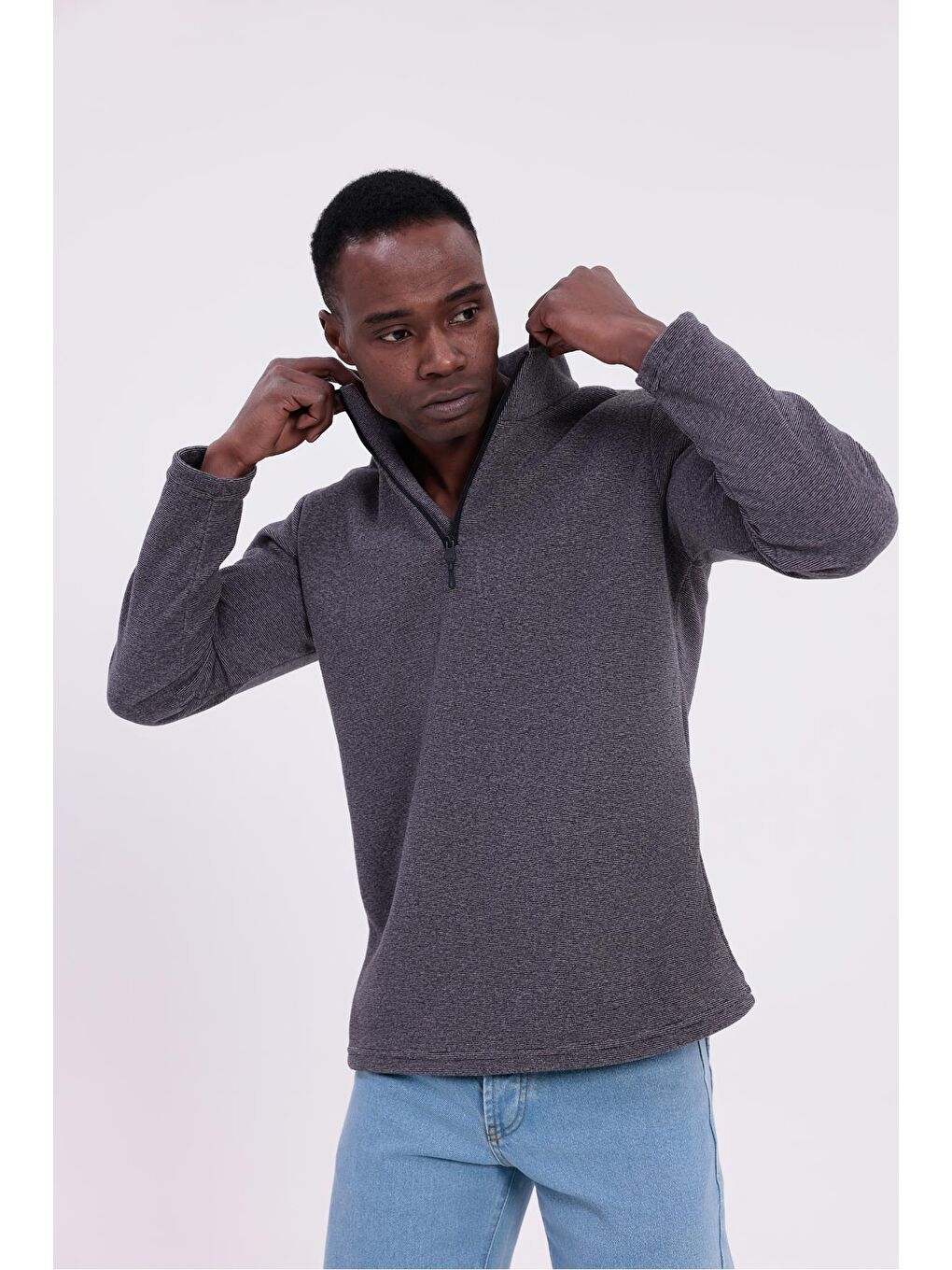 Mor Erkek Fit Dik Yaka Yarım Fermuarlı Sweatshirt Polar-5