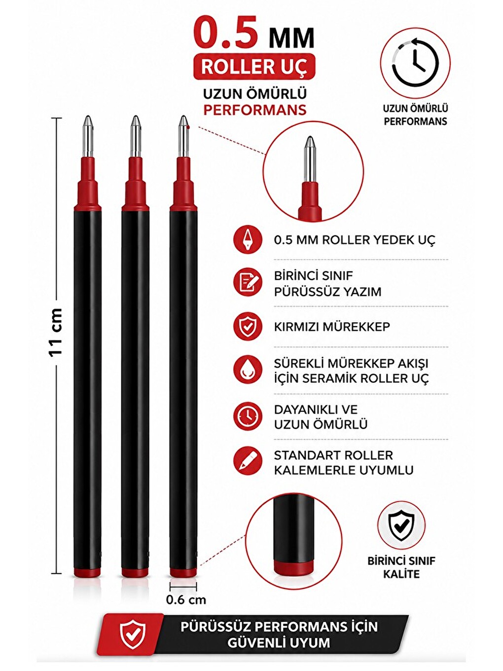 Kırmızı Pilot Kalem Yedeği Seramik Refil Yedek 3 Adet Jel Pilot Roller Kalem Yedek Uç