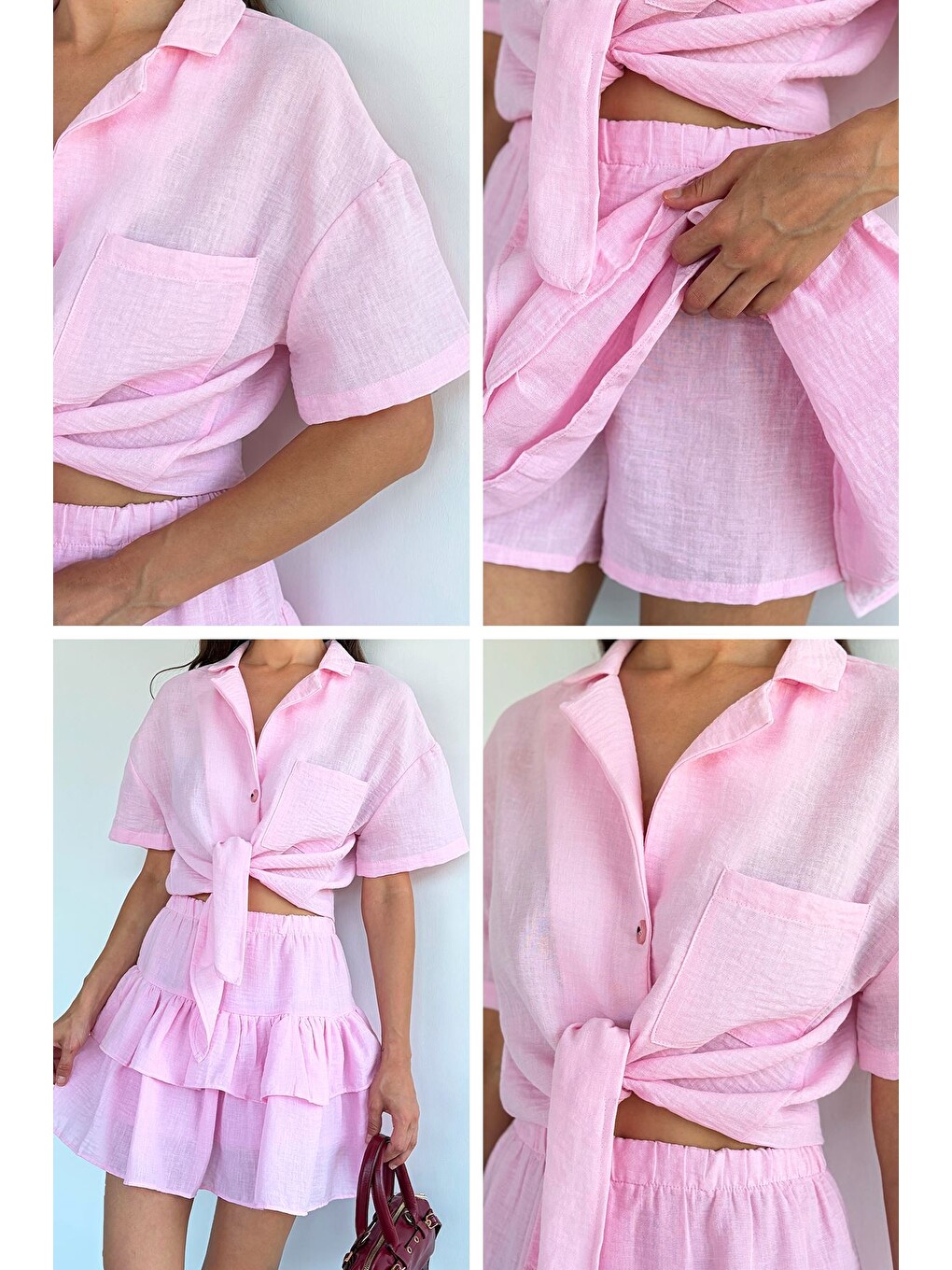 Pembe Kadın Bel Lastikli İçi Şortlu Etek Ön Bağlamalı Gömlek İkili Takım-1