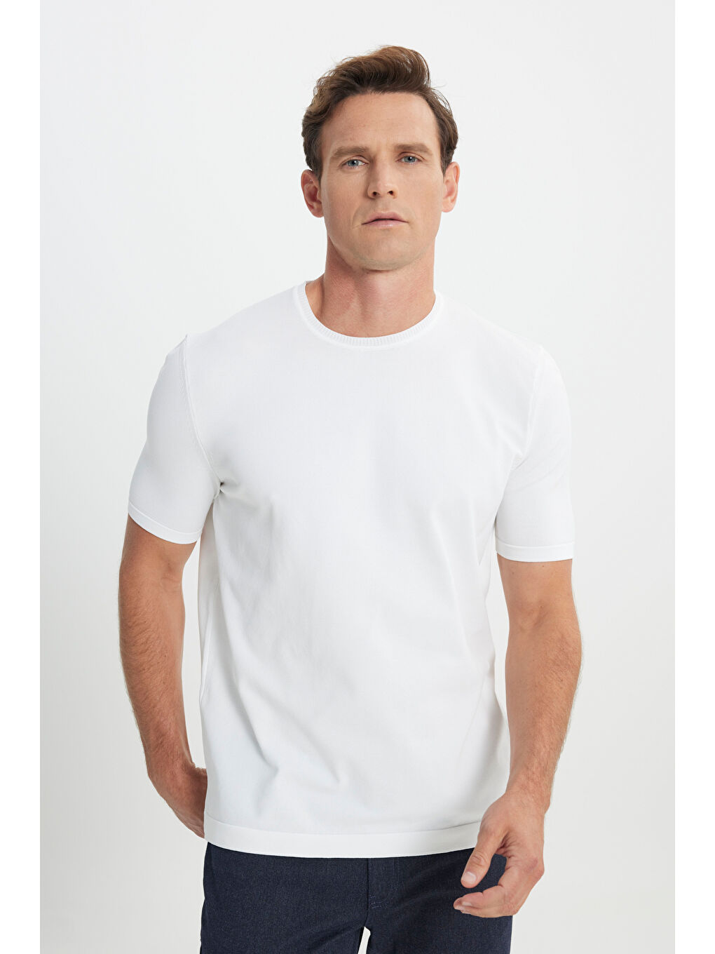 Erkek Ekru Standart Fit Normal Kesim Bisiklet Yaka Triko Tişört-2