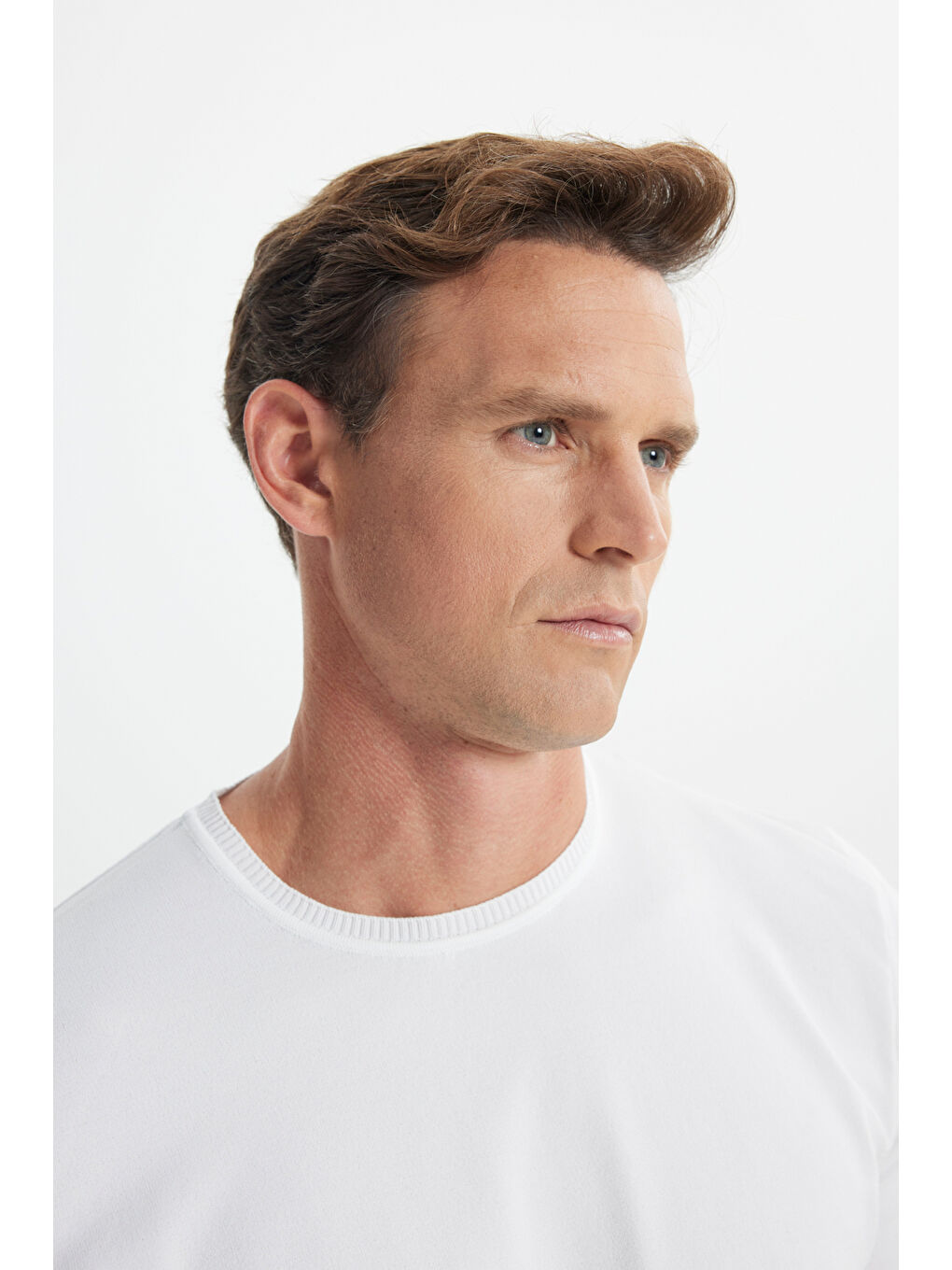 Erkek Ekru Standart Fit Normal Kesim Bisiklet Yaka Triko Tişört-3