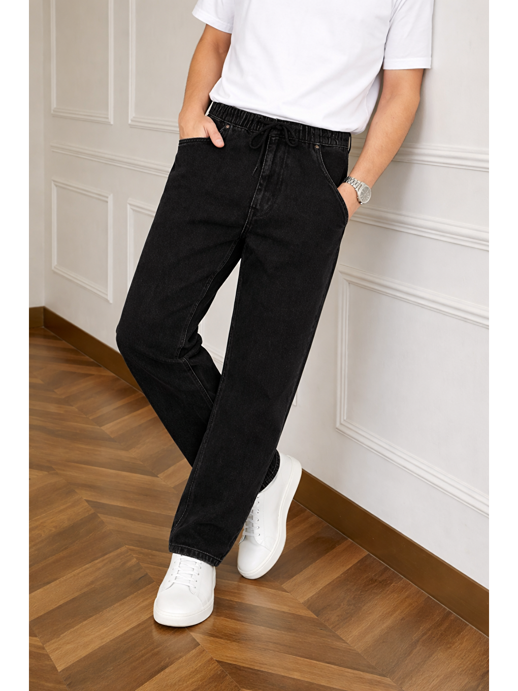 Erkek Trend Günlük Bol Paça Baggy Siyah Pantolon-1