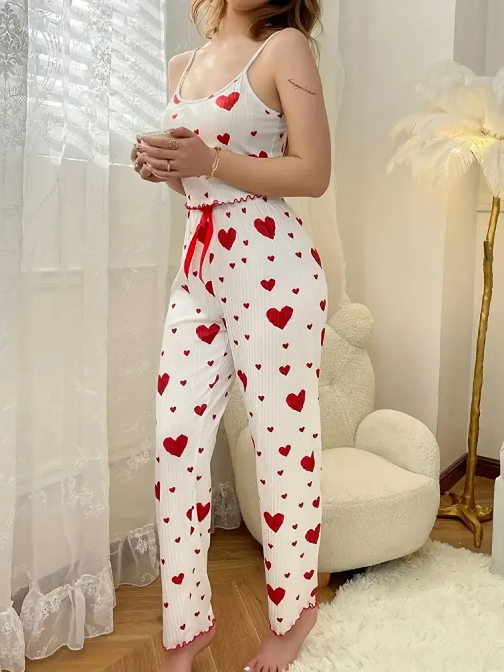 Kırmızı Viskon İnce Askılı Pijama Takım 7073-10-1