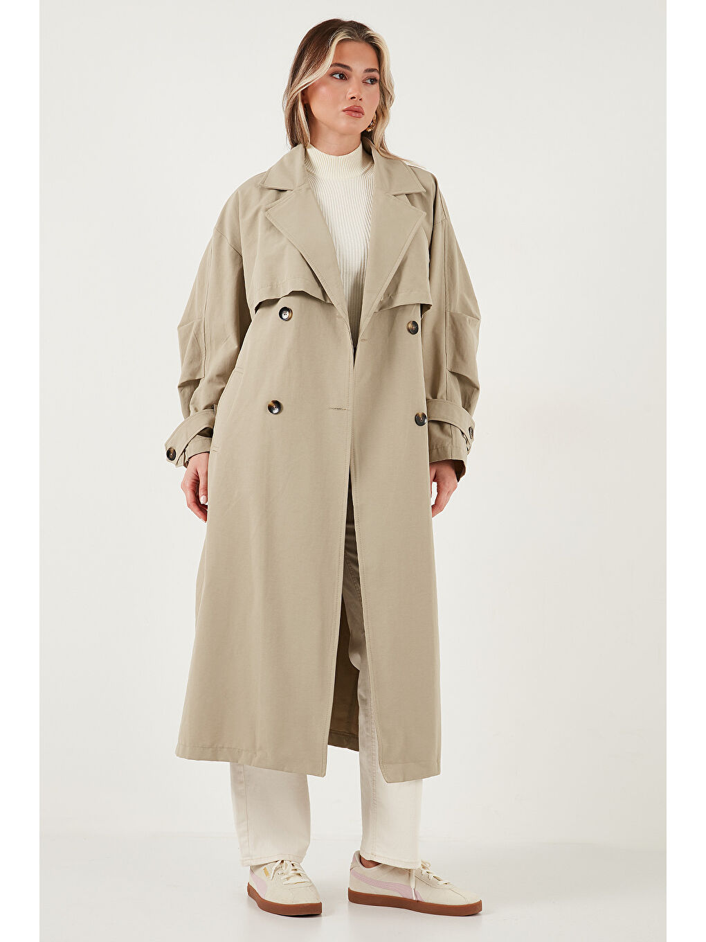 Yeşil Pamuklu Oversize Kruvaze Yaka Düğmeli Uzun Trençkot 6839605-2