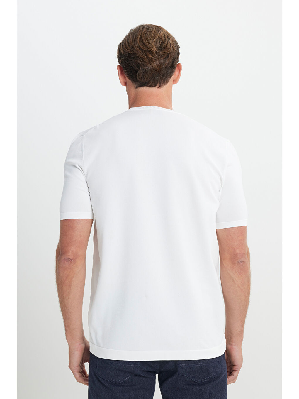 Erkek Ekru Standart Fit Normal Kesim Bisiklet Yaka Triko Tişört-4