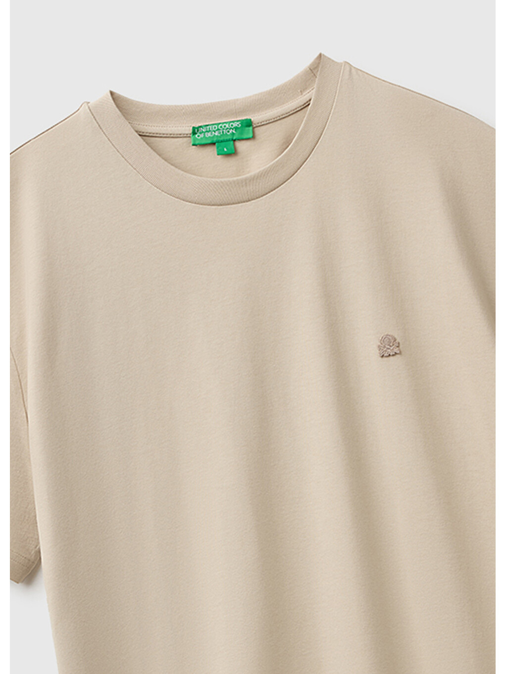 Erkek Bej %100 Pamuk Logolu Bisiklet Yaka T-shirt-2