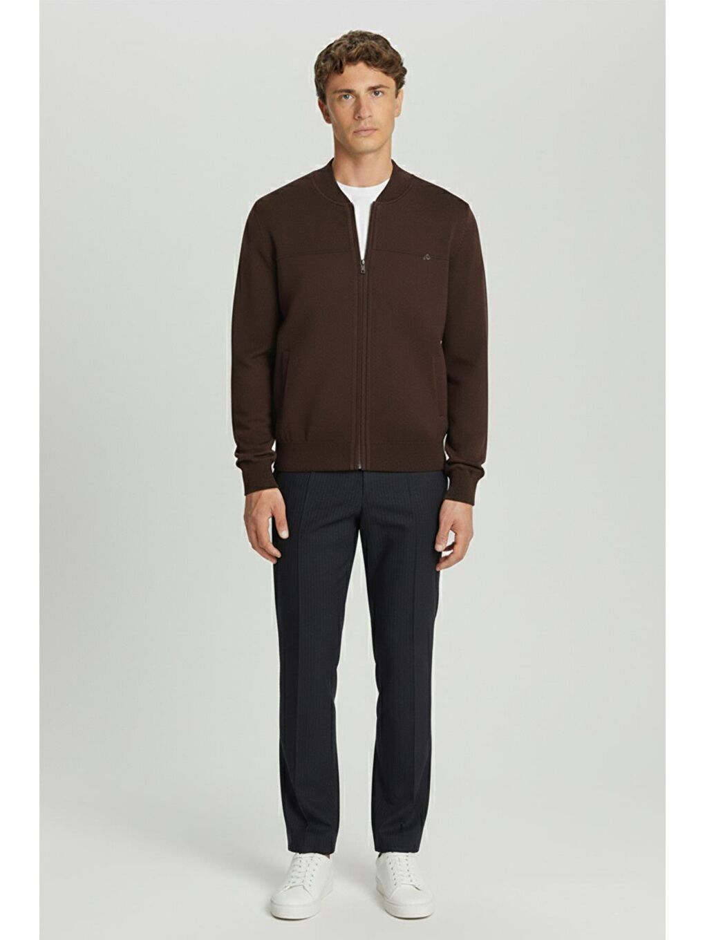 Kahverengi Kahve Regular Fit Yün Karışımlı Pilot (Dik) Yaka Fermuarlı Erkek Triko Mont-1