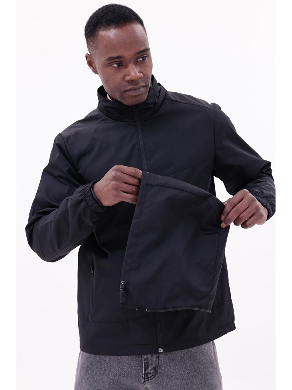Siyah Erkek Çıkarılabilir Kapüşonlu Yağmurluk-1