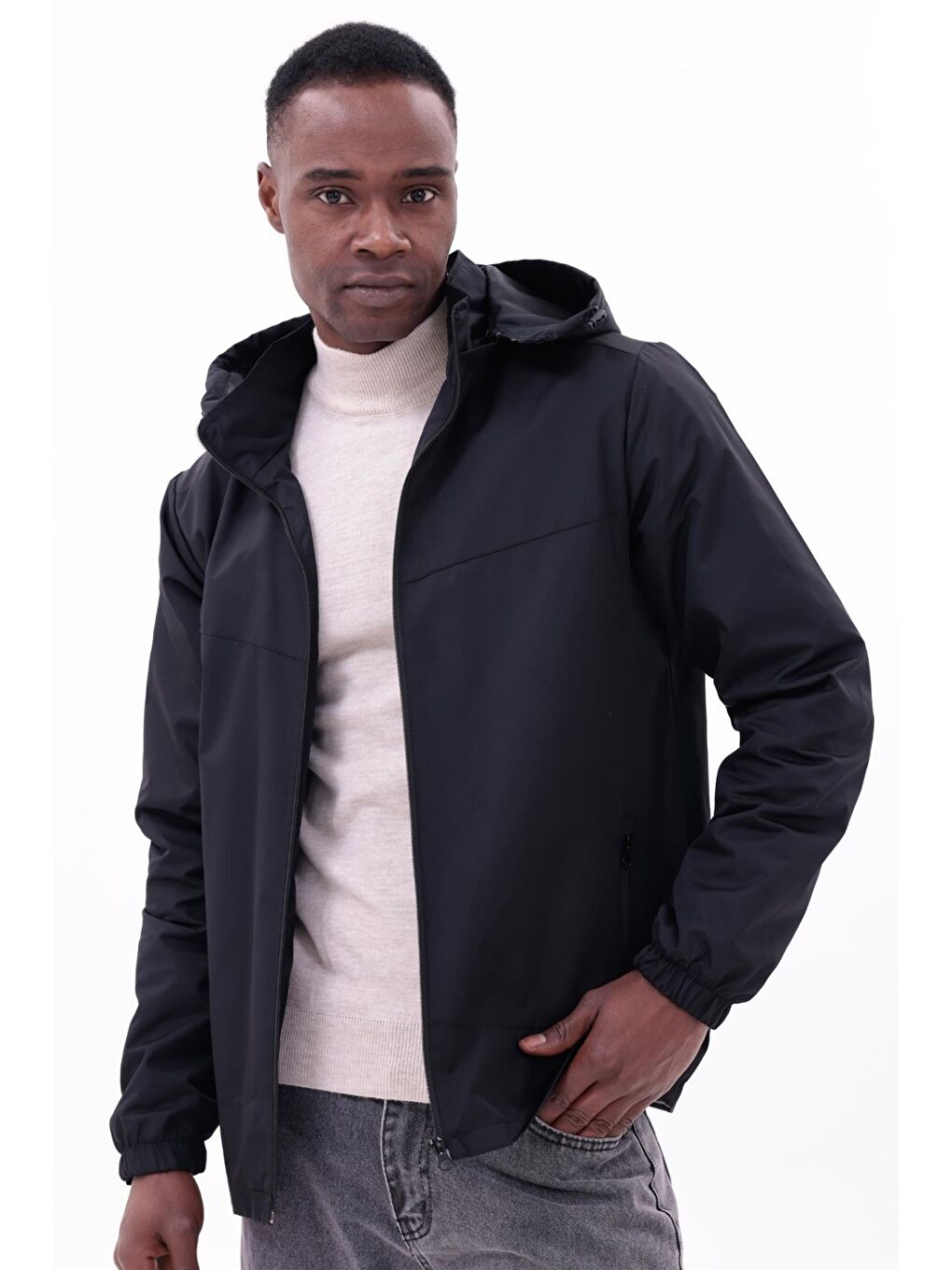 Siyah Erkek Çıkarılabilir Kapüşonlu Yağmurluk-2